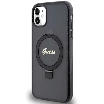 Guess GUHMN61HRSGSK iPhone 11 / XR 6.1 zwarte hardcase ringstandaard Script Glitter MagSafe