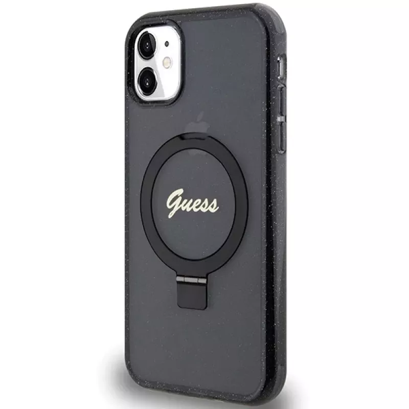 Guess GUHMN61HRSGSK iPhone 11 / XR 6.1 zwarte hardcase ringstandaard Script Glitter MagSafe
