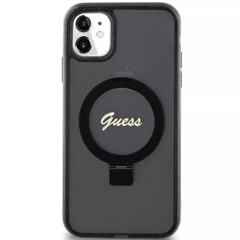 Guess GUHMN61HRSGSK iPhone 11 / XR 6.1 zwarte hardcase ringstandaard Script Glitter MagSafe
