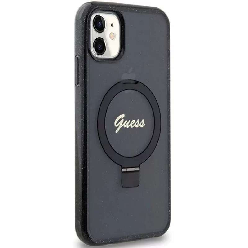 Guess GUHMN61HRSGSK iPhone 11 / XR 6.1 zwarte hardcase ringstandaard Script Glitter MagSafe