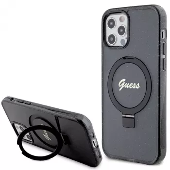 Guess GUHMP12MHRSGSK iPhone 12/12 Pro 6.1 hardcase ringstandaard Script Glitter MagSafe zwart