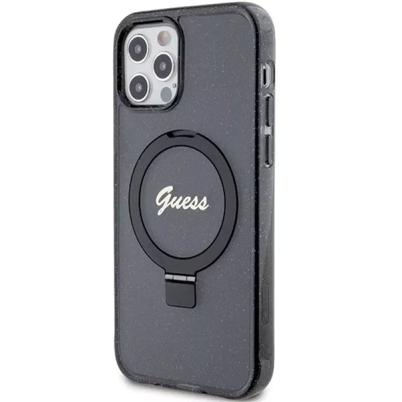 Guess GUHMP12MHRSGSK iPhone 12/12 Pro 6.1 hardcase ringstandaard Script Glitter MagSafe zwart