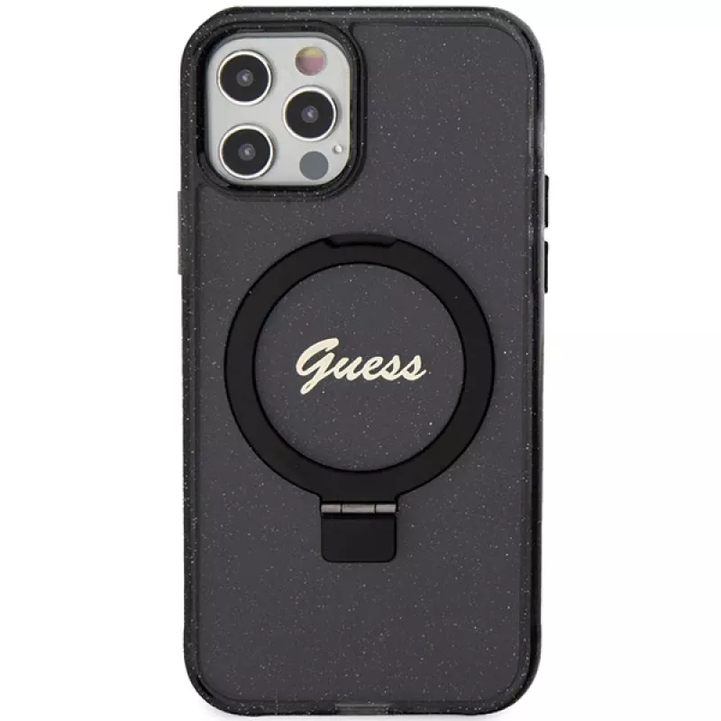 Guess GUHMP12MHRSGSK iPhone 12/12 Pro 6.1 hardcase ringstandaard Script Glitter MagSafe zwart
