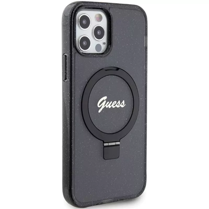Guess GUHMP12MHRSGSK iPhone 12/12 Pro 6.1 hardcase ringstandaard Script Glitter MagSafe zwart