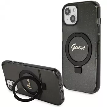 Guess GUHMP13MHRSGSK iPhone 13/14/15 6,1 inch zwarte hardcase met ringstandaard, Script Glitter, MagSafe