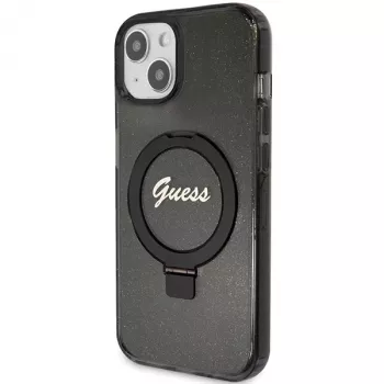 Guess GUHMP13MHRSGSK iPhone 13/14/15 6,1 inch zwarte hardcase met ringstandaard, Script Glitter, MagSafe