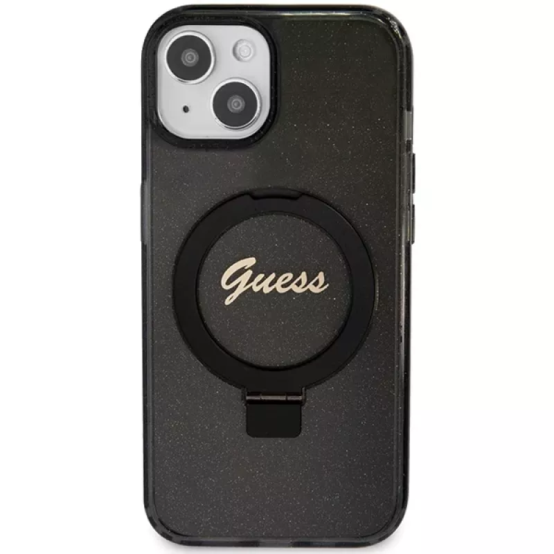 Guess GUHMP13MHRSGSK iPhone 13/14/15 6,1 inch zwarte hardcase met ringstandaard, Script Glitter, MagSafe