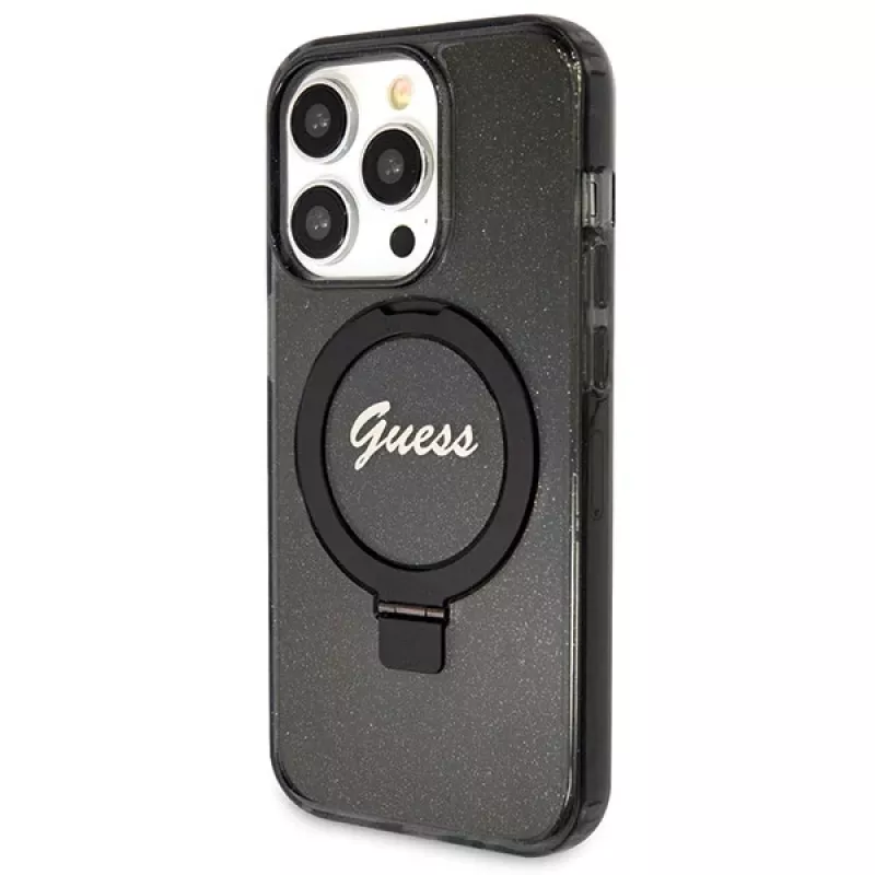 Guess Script Glitter Collection hardcase ringstandaard MagSafe voor iPhone 13 Pro / 13 6.1 zwart