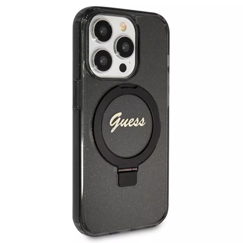 Guess GUHMP13XHRSGSK iPhone 13 Pro Max 6,7 inch zwarte hardcase ringstandaard Script Glitter MagSafe