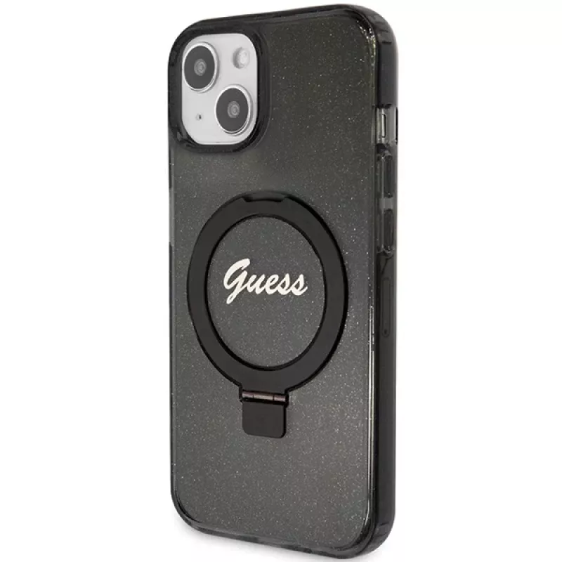 Guess GUHMP14SHRSGSK iPhone 14 / 15 / 13 6,1 inch zwarte hardcase ringstandaard Script Glitter MagSafe