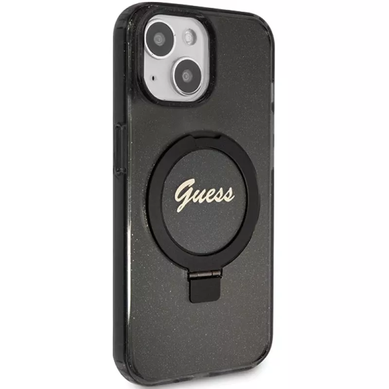 Guess GUHMP14SHRSGSK iPhone 14 / 15 / 13 6,1 inch zwarte hardcase ringstandaard Script Glitter MagSafe