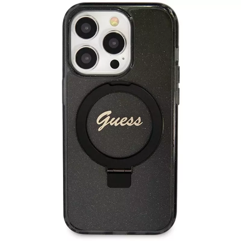 Guess GUHMP14XHRSGSK iPhone 14 Pro Max 6.7 zwarte hardcase ringstandaard Script Glitter MagSafe