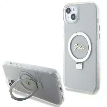 Guess GUHMP15MHRSGSD iPhone 15 Plus / 14 Plus 6,7 inch transparante hardcase ringstandaard Script Glitter MagSafe