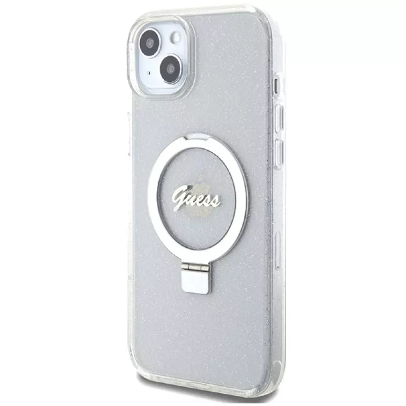 Guess GUHMP15MHRSGSD iPhone 15 Plus / 14 Plus 6,7 inch transparante hardcase ringstandaard Script Glitter MagSafe