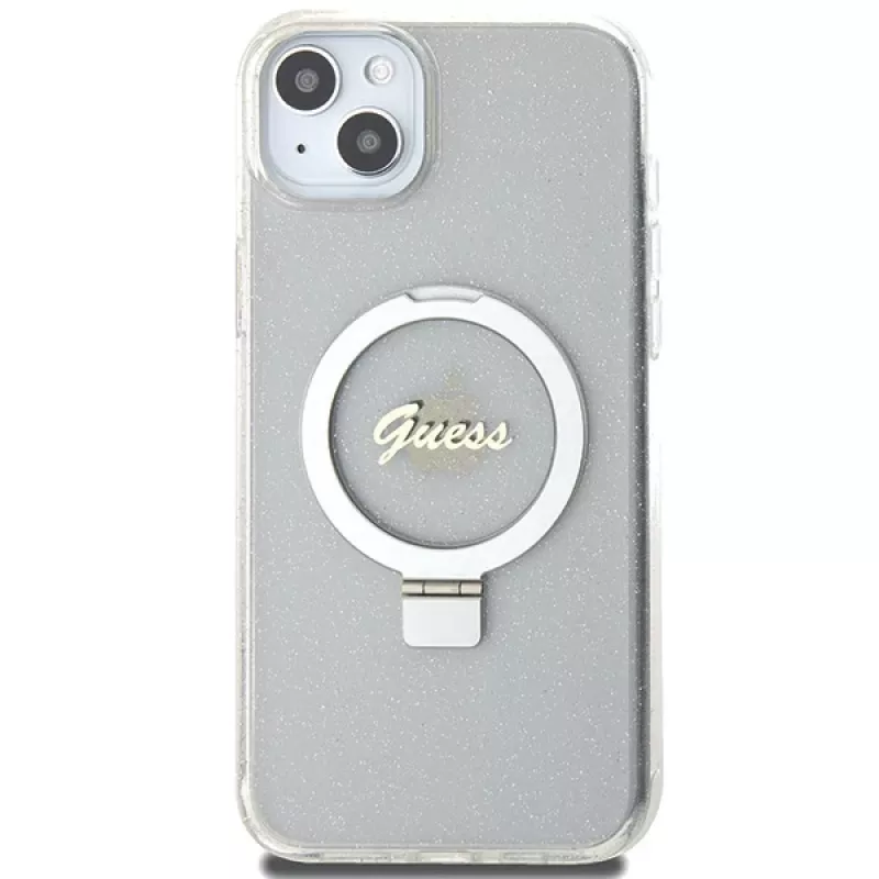 Guess GUHMP15MHRSGSD iPhone 15 Plus / 14 Plus 6,7 inch transparante hardcase ringstandaard Script Glitter MagSafe