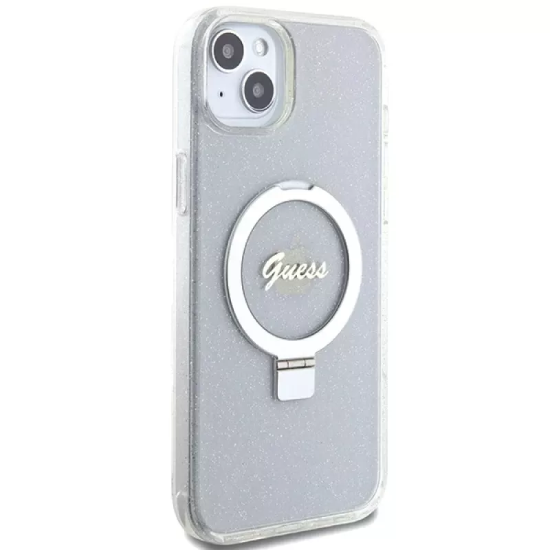Guess GUHMP15MHRSGSD iPhone 15 Plus / 14 Plus 6,7 inch transparante hardcase ringstandaard Script Glitter MagSafe