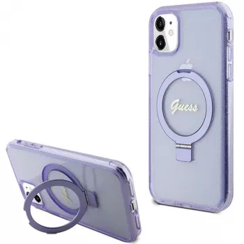 Guess GUHMN61HRSGSU iPhone 11 / XR 6,1 inch paarse hardcase ringstandaard Script Glitter MagSafe