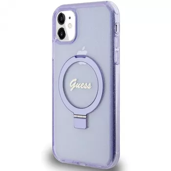 Guess GUHMN61HRSGSU iPhone 11 / XR 6,1 inch paarse hardcase ringstandaard Script Glitter MagSafe