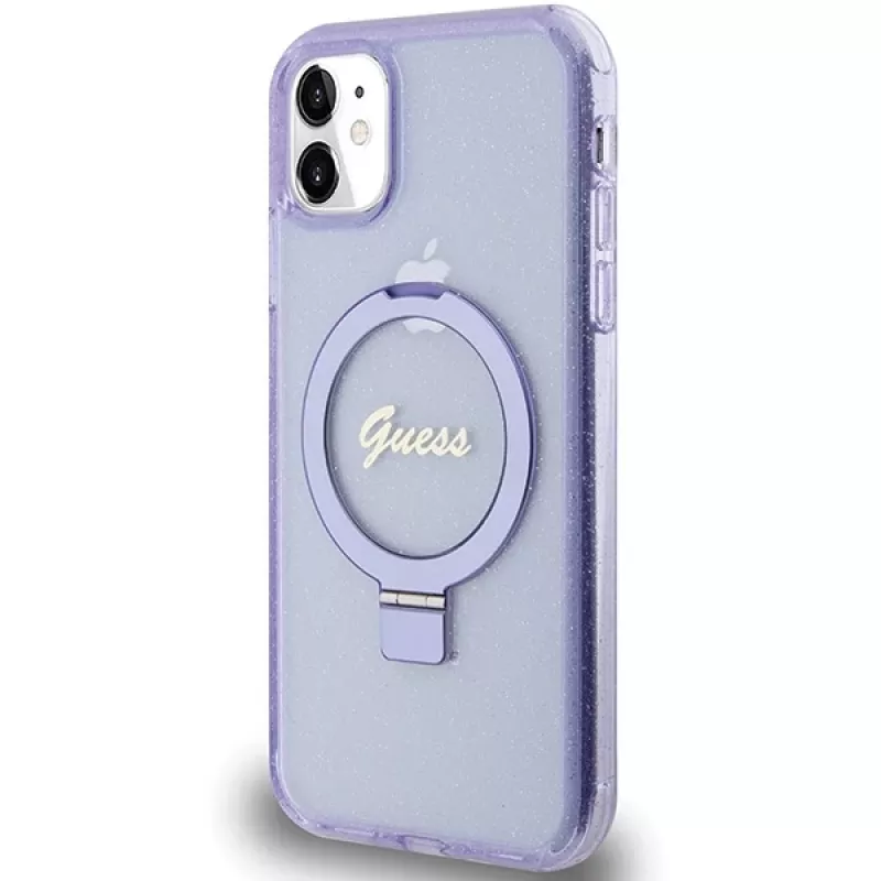 Guess GUHMN61HRSGSU iPhone 11 / XR 6,1 inch paarse hardcase ringstandaard Script Glitter MagSafe