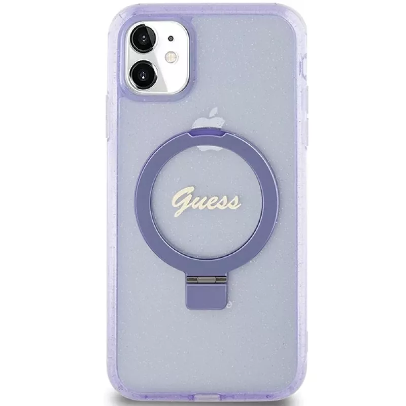 Guess GUHMN61HRSGSU iPhone 11 / XR 6,1 inch paarse hardcase ringstandaard Script Glitter MagSafe
