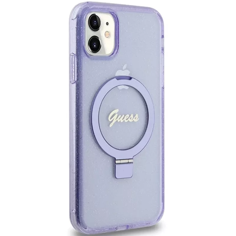 Guess GUHMN61HRSGSU iPhone 11 / XR 6,1 inch paarse hardcase ringstandaard Script Glitter MagSafe
