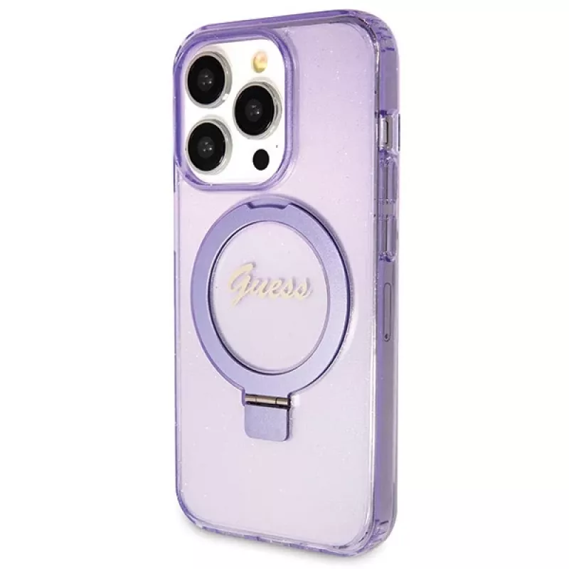 Guess GUHMP14LHRSGSU iPhone 14 Pro 6.1 hardcase ringstandaard Script Glitter MagSafe paars