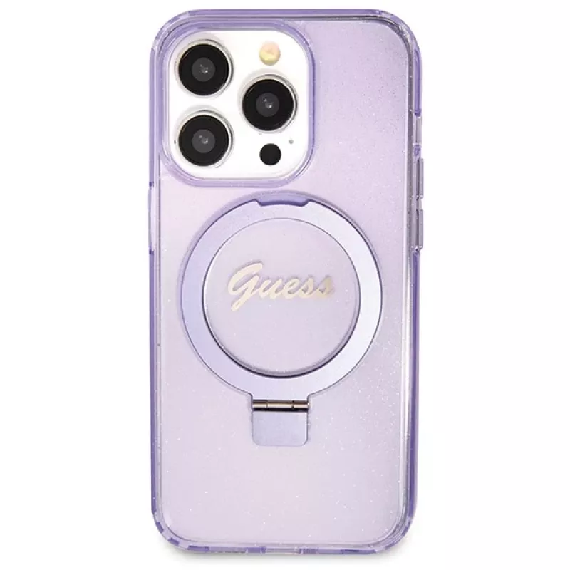 Guess GUHMP14LHRSGSU iPhone 14 Pro 6.1 hardcase ringstandaard Script Glitter MagSafe paars