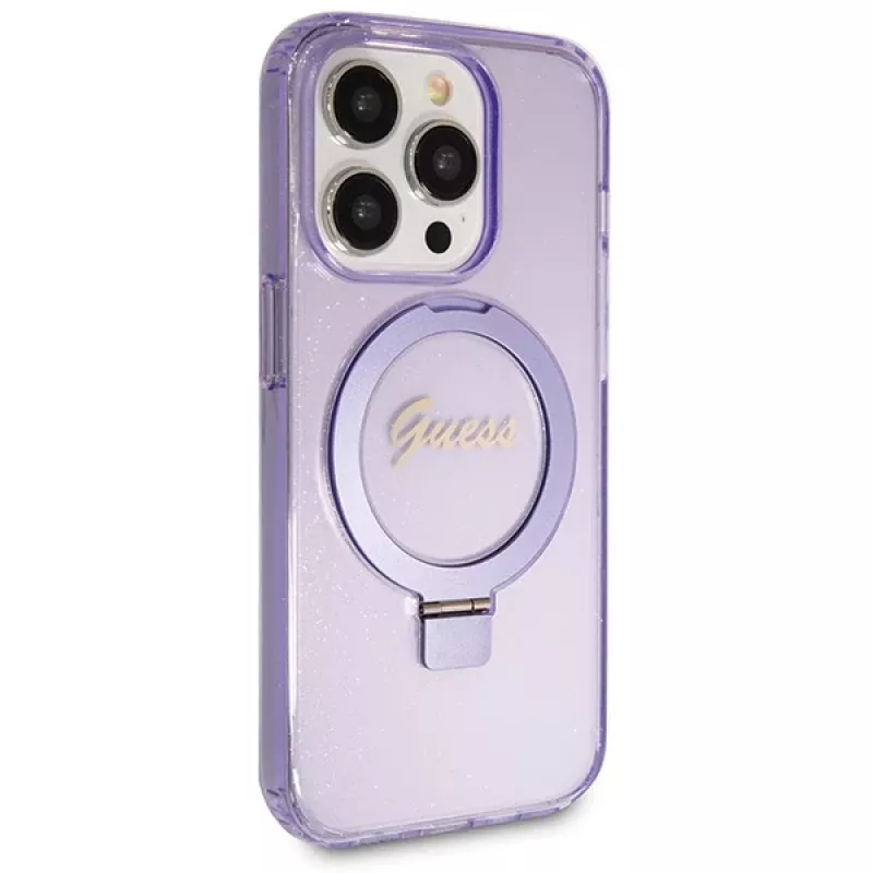 Guess GUHMP14LHRSGSU iPhone 14 Pro 6.1 hardcase ringstandaard Script Glitter MagSafe paars
