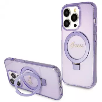 Guess GUHMP14XHRSGSU iPhone 14 Pro Max 6,7 inch paarse hardcase ringhouder Script Glitter MagSafe