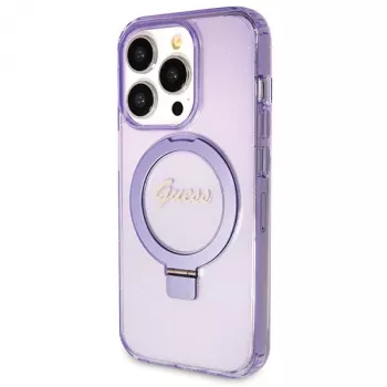Guess GUHMP14XHRSGSU iPhone 14 Pro Max 6,7 inch paarse hardcase ringhouder Script Glitter MagSafe