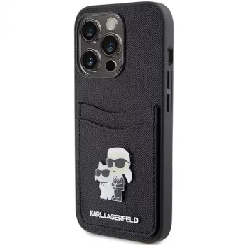 Karl Lagerfeld KLHCP15LSAPKCNPK iPhone 15 Pro 6.1 zwarte hardcase Saffiano kaartvak Karl & Choupette metalen pin