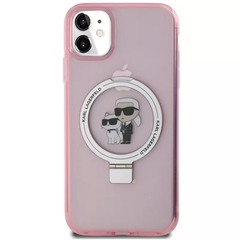 Karl Lagerfeld KLHMN61HMRSKCP iPhone 11 / XR 6.1 roze hardcase ringstandaard Karl & Choupette MagSafe