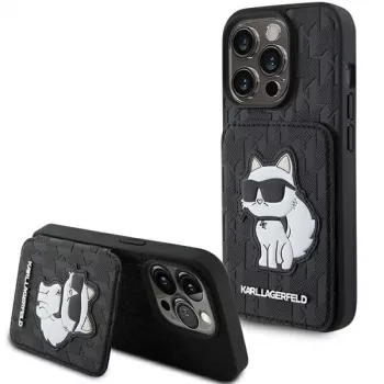 Karl Lagerfeld KLHCP15LSAKCNSCK iPhone 15 Pro 6,1 zwart hardcase Saffiano kaartvakken en standaard Monogram Choupette