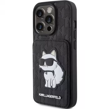 Karl Lagerfeld KLHCP15LSAKCNSCK iPhone 15 Pro 6,1 zwart hardcase Saffiano kaartvakken en standaard Monogram Choupette