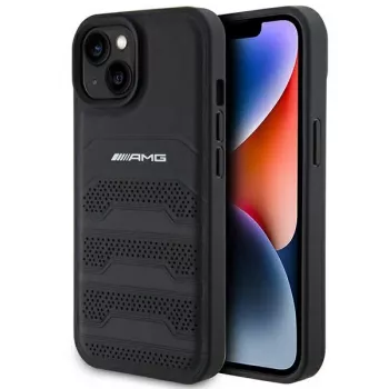 AMG AMHCP15MGSEBK hardcase leren hoes met reliëflijnen voor iPhone 15 Plus / 14 Plus 6,7 inch zwart