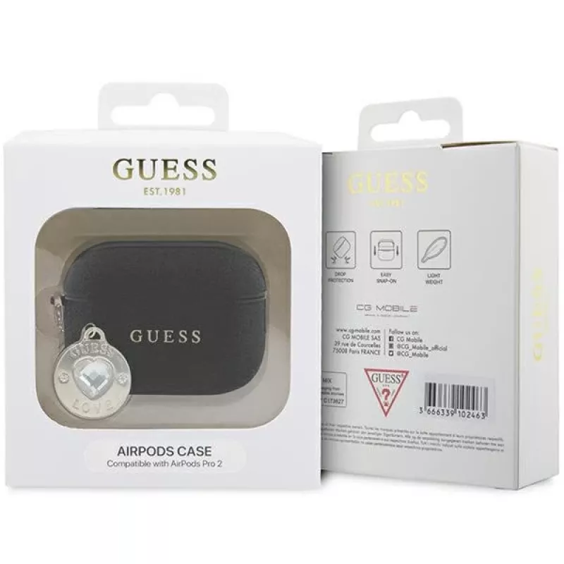 Guess GUAP2PGEHCDK AirPods Pro 2 (2022/2023) cover zwart Fixed Glitter Heart Diamond Charm