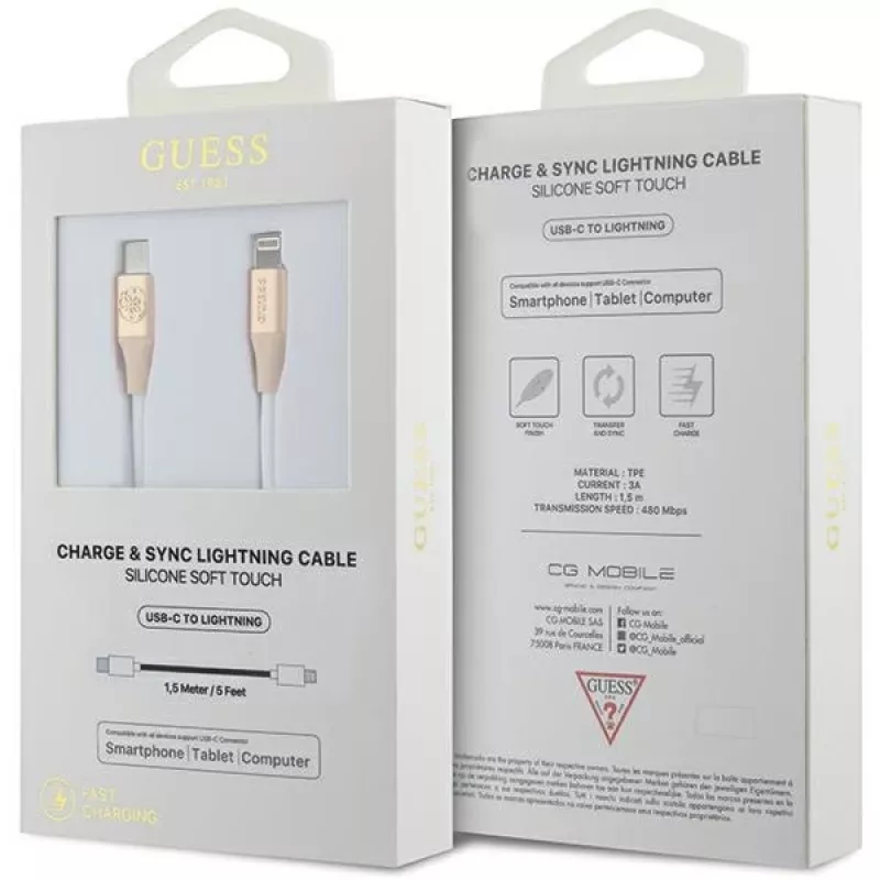 Guess GUCLLALRGDD USB-C naar Lightning-kabel 1,5 m snelladen lichtgoud met reliëflogo