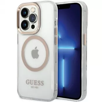 Guess GUHMP15SHTRMD Metal Outline hard case voor iPhone 15/14/13, goud, MagSafe