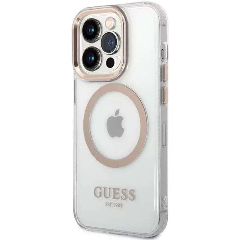 Guess GUHMP15SHTRMD Metal Outline hard case voor iPhone 15/14/13, goud, MagSafe