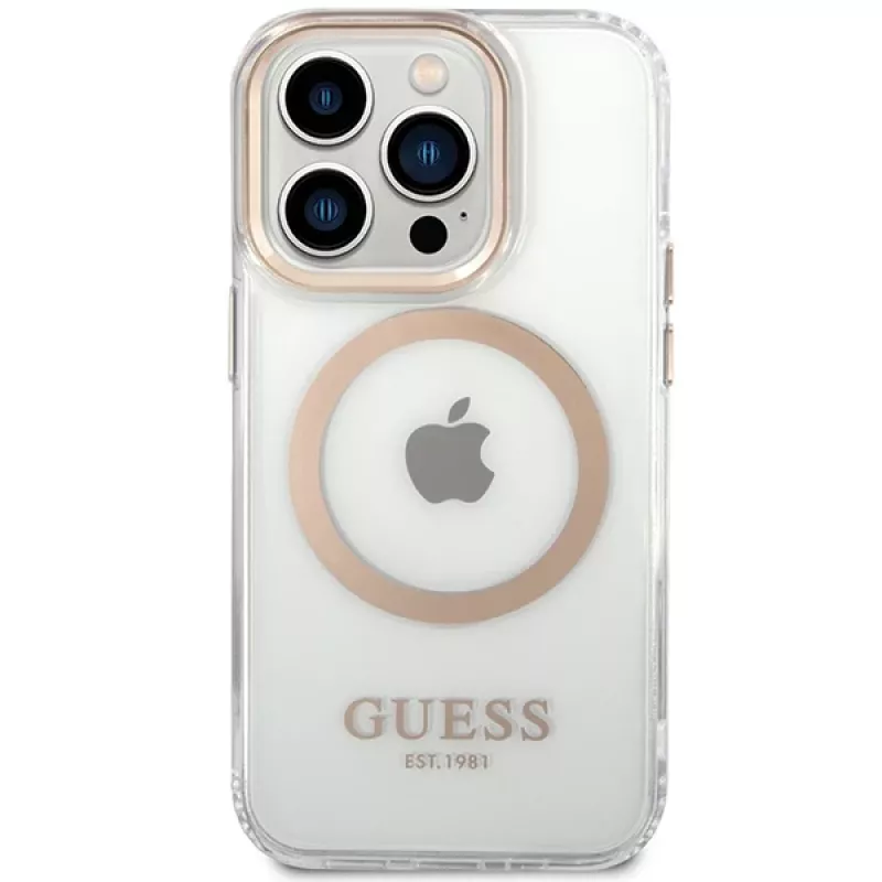 Guess GUHMP15SHTRMD Metal Outline hard case voor iPhone 15/14/13, goud, MagSafe