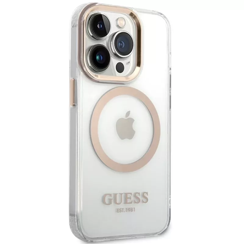 Guess GUHMP15SHTRMD Metal Outline hard case voor iPhone 15/14/13, goud, MagSafe