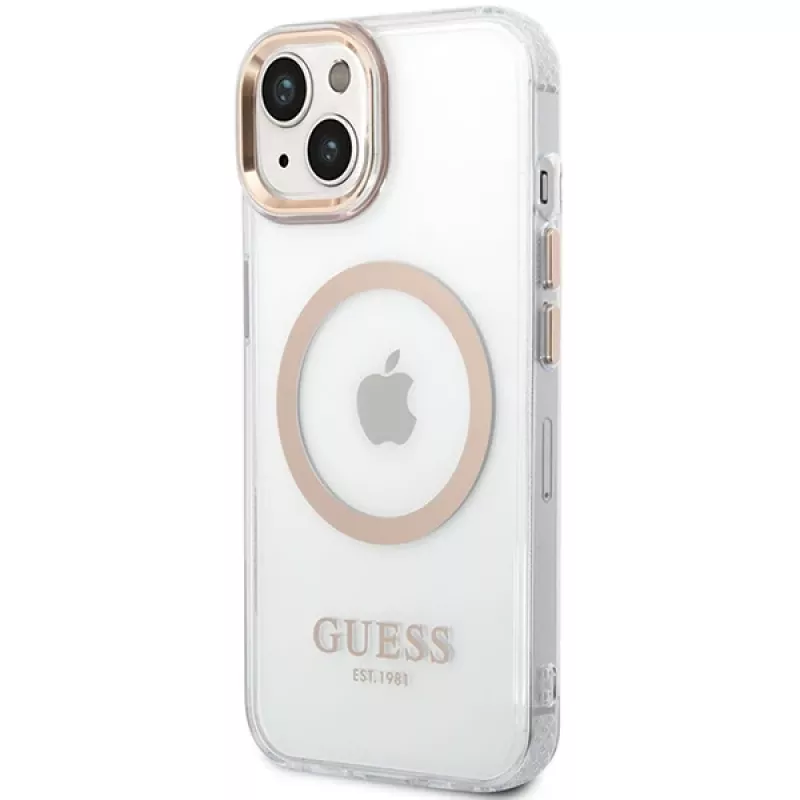 Guess GUHMP15MHTRMD Metal Outline hardcase voor iPhone 15 Plus / 14 Plus 6,7 inch goud met MagSafe