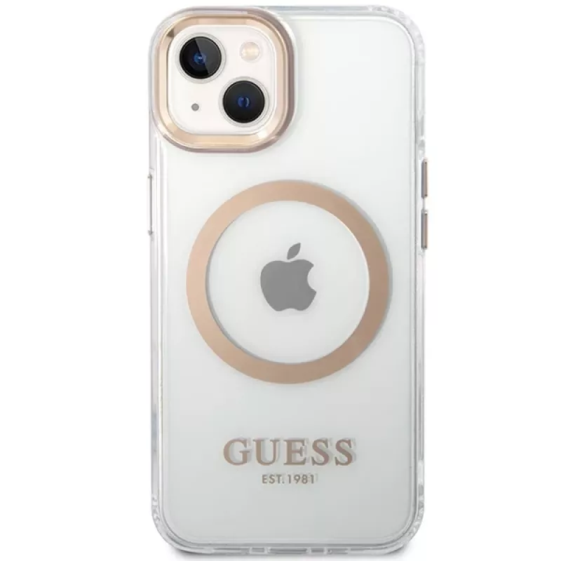 Guess GUHMP15MHTRMD Metal Outline hardcase voor iPhone 15 Plus / 14 Plus 6,7 inch goud met MagSafe