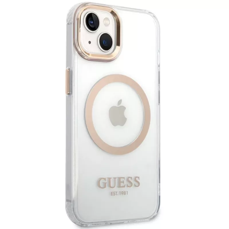 Guess GUHMP15MHTRMD Metal Outline hardcase voor iPhone 15 Plus / 14 Plus 6,7 inch goud met MagSafe