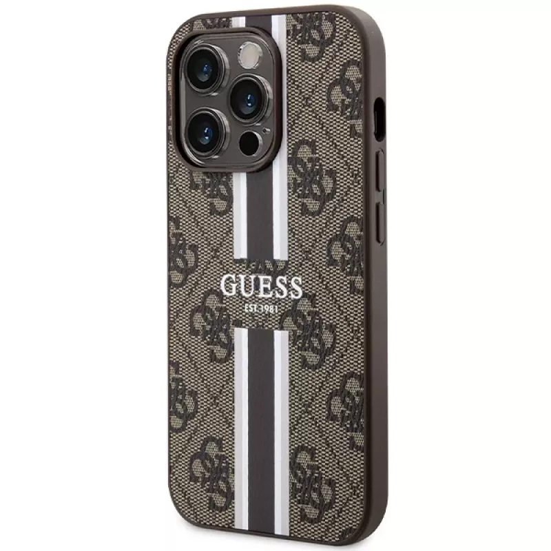 Guess GUHMP15LP4RPSW iPhone 15 Pro 6,1 inch hardcase bruin bedrukte strepen MagSafe