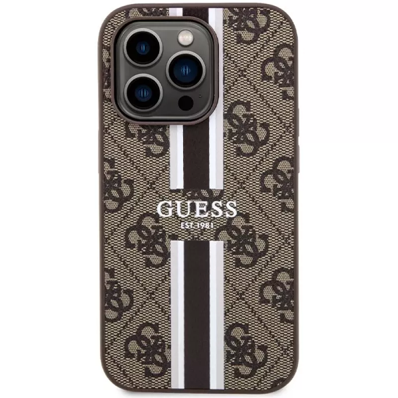 Guess GUHMP15LP4RPSW iPhone 15 Pro 6,1 inch hardcase bruin bedrukte strepen MagSafe