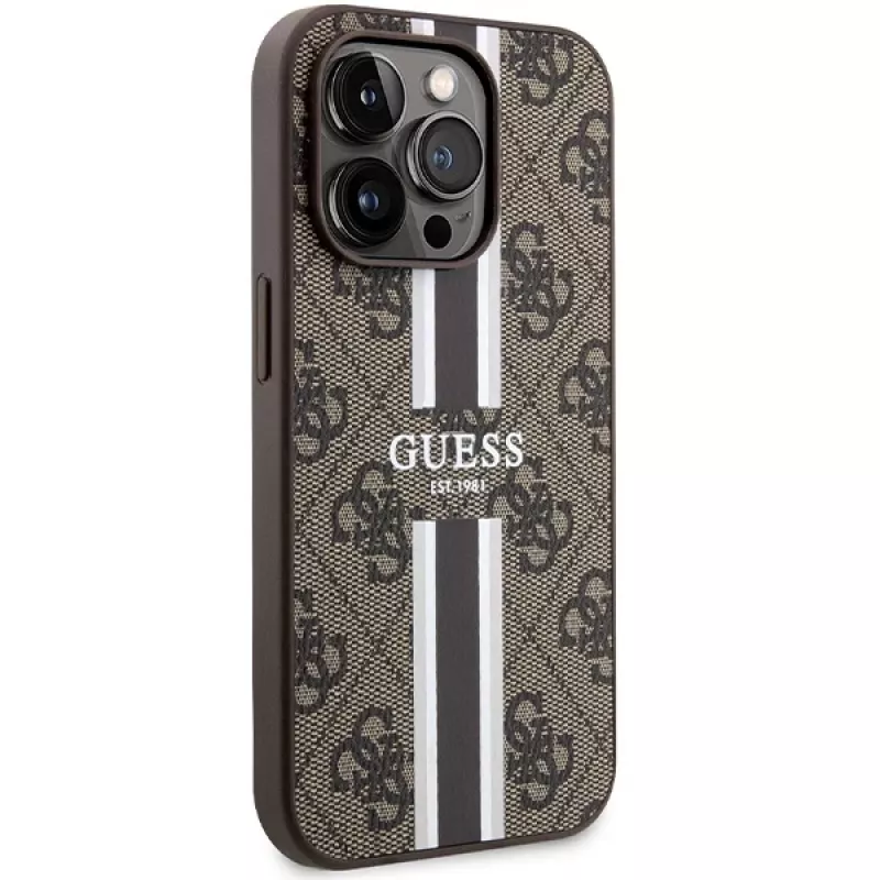 Guess GUHMP15LP4RPSW iPhone 15 Pro 6,1 inch hardcase bruin bedrukte strepen MagSafe
