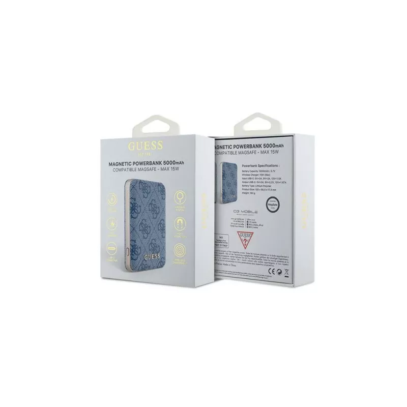Guess draadloze powerbank 5000mAh blauw 4G leer metaal logo MagSafe 15W