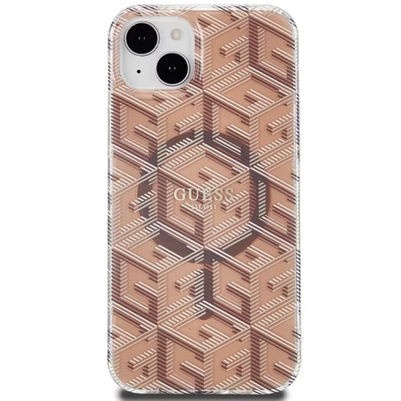 Guess GUHMP15MHGCUSTGW GCube hardcase voor iPhone 15 Plus / 14 Plus 6,7 inch bruin IML MagSafe