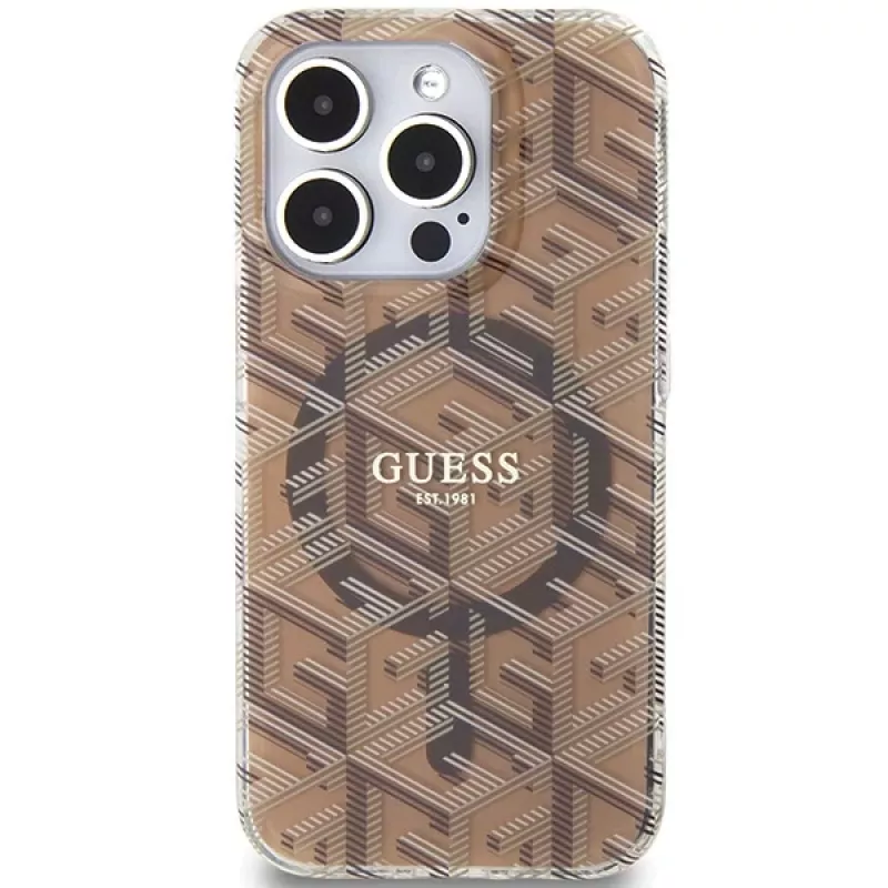 Guess G-Cube hardcase voor iPhone 15 Pro 6,1 inch bruin IML MagSafe